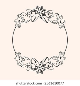 A delightful circular frame featuring festive elements such as gingerbread cookies, decorative details, and Christmas stars. This Christmas edible wreath illustration, created in a sketch style