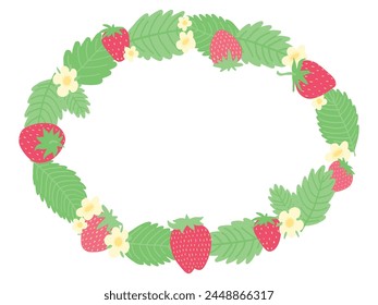 Delightful circular garland made of strawberries, vibrant green leaves, and dainty flowers, styled in a cheerful vector design, ideal for spring and summer decor, invitations, or thematic designs. svg