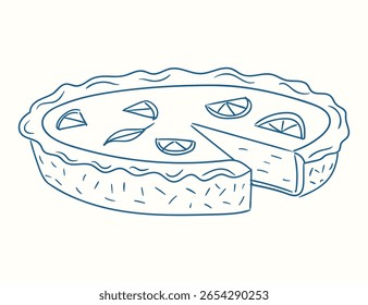 Torta de citrinos deliciosa com uma fatia removida, apresentando o design fresco de limão e limão em uma mesa de cozinha ensolarada