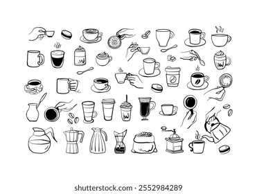 Delightful Coffee Art Collection: Ilustrações desenhadas à mão de copos de café, equipamentos de cerveja e doces doces, perfeito para os amantes do café e aficionados do café