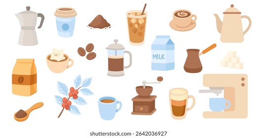 A delightful coffee set showcases diverse brewing methods, beans, drinks, and ingredients in an artistic layout, highlighting the joy of coffee culture.