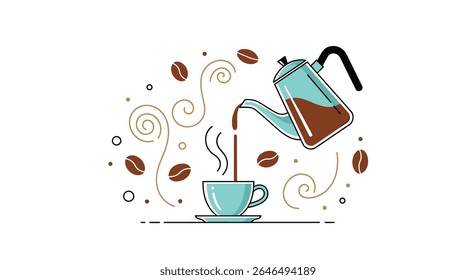 Delightful coffee time vector illustration showing fresh brewed coffee pouring into cup