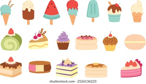 Una deliciosa colección de 20 diseños de postres y comida dulce, con helados, pasteles y más. Ideal para cualquier proyecto culinario o de postre