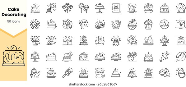 Uma deliciosa coleção de 50 ícones de arte em linha apresentando vários elementos decorativos de bolo, incluindo bolos, geada e ferramentas de cozimento, perfeito para entusiastas culinários.