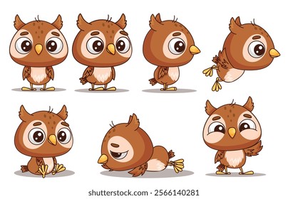 A delightful collection of adorable cartoon owls showcasing a variety of fun poses and charming expressions