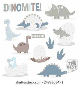 A delightful collection of adorable dinosaur illustrations perfect for nursery decor, children's products, and party invitations.