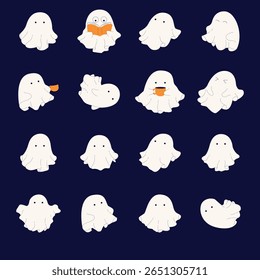 A delightful collection of adorable Halloween ghosts in flat cartoon style. Expressive, fun, and perfect for festive designs, icons, and animations.
