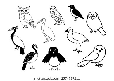 A delightful collection of black and white comic bird vector illustrations. Perfect for digital designs, printable, and creative projects.