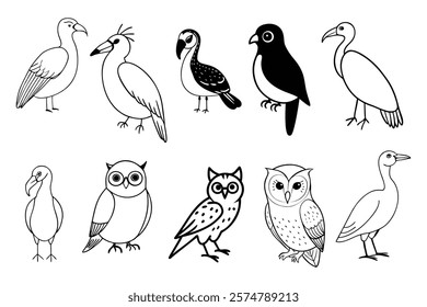 A delightful collection of black and white comic bird vector illustrations. Perfect for digital designs, printable, and creative projects.