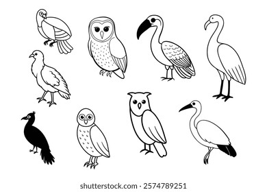 A delightful collection of black and white comic bird vector illustrations. Perfect for digital designs, printable, and creative projects.