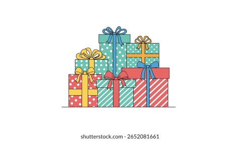 A delightful collection of brightly wrapped gift boxes in various patterns and colors stacked together creating a festive arrangement