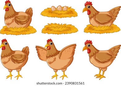 A delightful collection of cartoon-style chicken, hen, and eggs