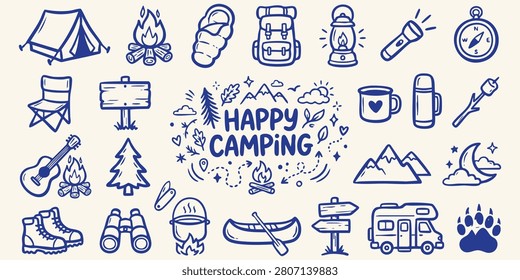 A delightful collection of charming hand-drawn camping and wilderness icons. Perfect for travel blogs adventure marketing and recreational promotions.