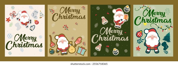 A delightful collection of Christmas greeting cards featuring charming Santa Claus illustrations and festive elements. Perfect for spreading holiday cheer and warm wishes