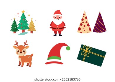 A delightful collection of Christmas-themed icons featuring Santa Claus, reindeer, holly, Christmas trees, gift boxes, gingerbread man, festive train, candy cane, party poppers, Christmas lights.