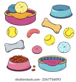 A delightful collection of colorful dog food bowls and toys designed for pets enjoyment.Vector illustration. Pet shop