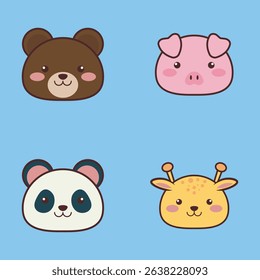 A delightful collection of cute animal faces including sheep, koala, elephant, and dog in flat cartoon style. Perfect for kids’ illustrations, greeting cards, stickers, invitations, and playful design