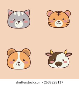 A delightful collection of cute animal faces including sheep, koala, elephant, and dog in flat cartoon style. Perfect for kids’ illustrations, greeting cards, stickers, invitations, and playful design