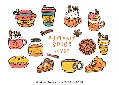 a delightful collection of cute pumpkin spice drinks and food hand drawn cartoon doodles. Perfect for your autumnal design needs.