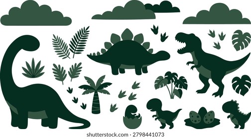 A delightful collection of dark forest green vector silhouettes showcasing a cute cartoon dinosaur family and their life cycle, isolated on a white background. This narrative graphic asset pack features a roaring adult T-Rex, a massive long-necked Brachiosaurus and a Stegosaurus alongside small baby dinosaurs, a nest with speckled eggs and a newborn hatching from an eggshell. The scene is fully decorated with prehistoric jungle elements, including monstera leaves, palm trees, ferns, overhead foliage clouds and tracks of dinosaur footprint steps. Designed with soft, rounded contours, this playful set is perfect for nursery wall decals, kids' storybooks, custom sticker sheets, baby apparel prints and educational stencils.