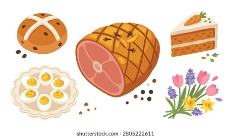 A delightful collection of Easter holiday essentials including a glazed ham, carrot cake, deviled eggs, hot cross buns, and a bouquet of spring flowers, perfect for festive celebrations.