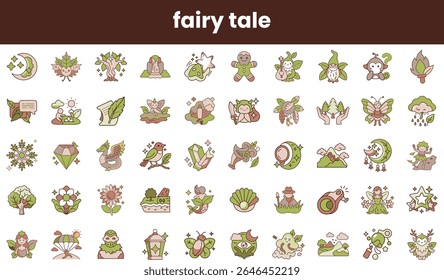 A delightful collection of fairy tale-themed icons featuring whimsical creatures, nature elements, and magical symbols in soothing earth tones.
