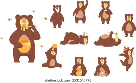 A delightful collection featuring a charming bear enjoying honey, dancing, feeling lazy, and indulging in pancakes. Perfect for children’s books, merchandise, and playful branding projects