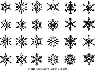 A delightful collection of flat snowflake silhouettes set against a bright red background. These charming designs make perfect elements for Christmas banners, holiday cards, and New Year decorations.