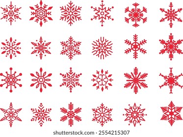 A delightful collection of flat snowflake silhouettes set against a bright red background. These charming designs make perfect elements for Christmas banners, holiday cards, and New Year decorations.