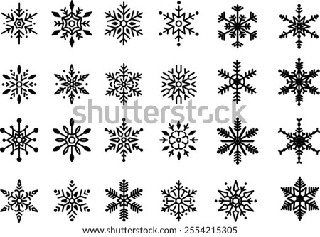 A delightful collection of flat snowflake silhouettes set against a bright red background. These charming designs make perfect elements for Christmas banners, holiday cards, and New Year decorations.