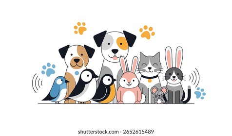 Uma coleção deliciosa de animais de estimação amigáveis incluindo cães gatos pássaros coelhos e um hamster posando juntos para uma ilustração encantadora