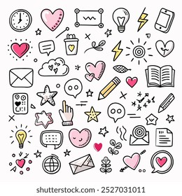 A delightful collection of hand-drawn doodles, including hearts, stars, light bulbs, and more. Perfect for adding a touch of whimsy to your projects.