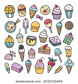 A delightful collection of hand-drawn icons featuring various sweet treats, perfect for adding a touch of whimsy and fun to your designs. From ice cream cones to cupcakes and candy.