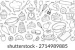 A delightful collection of hand-drawn illustrations featuring various baked goods like cakes, cupcakes, and donuts, alongside essential baking tools and equipment.