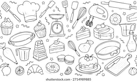 Una deliciosa colección de ilustraciones dibujadas a mano que presentan varios productos horneados como pasteles, cupcakes y donas, junto con herramientas y equipos esenciales para hornear.