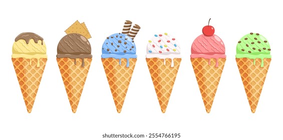 A delightful collection of ice cream cones in various flavors, with toppings such as cherries, chocolate chips, and colorful sprinkles. Ideal for summer projects, dessert menus, or playful designs.