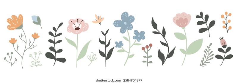 A delightful collection of illustrated wildflowers and greenery showcases vibrant colors and playful shapes