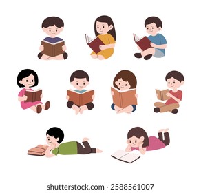 A delightful collection of illustrations featuring children sitting in various poses while reading books. Includes diverse characters enjoying storytime, studying, and engaging with literature.