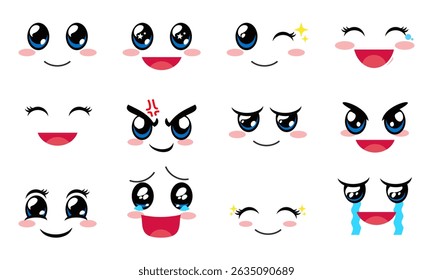 A delightful collection of kawaii-style emoticons, each conveying a distinct emotion.These charming and expressive faces are perfect for adding personality and feeling to digital content, social media