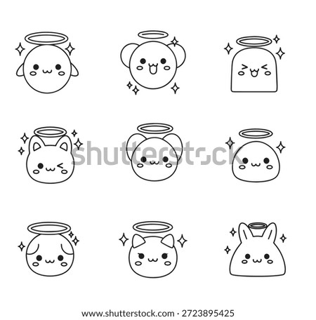 A delightful collection of nine unique, cute animal faces, each adorned with a halo, rendered in a simple, clean line art style.