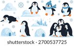 A delightful collection of penguin illustrations in a winter setting. These adorable penguins, snow, and igloos create a festive and charming scene. Perfect for holiday designs.
