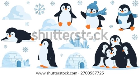 A delightful collection of penguin illustrations in a winter setting. These adorable penguins, snow, and igloos create a festive and charming scene. Perfect for holiday designs.