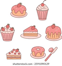 A delightful collection of pink desserts featuring cakes, cupcakes, and pastries, evoking a cheerful and sweet atmosphere.