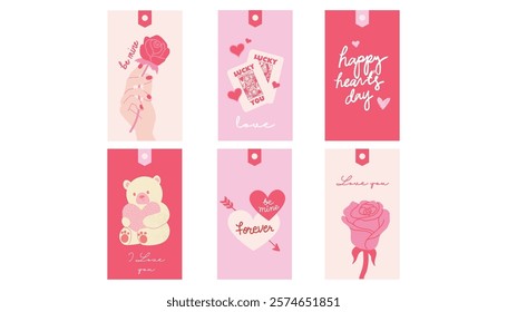 A delightful collection of pink and red Valentine’s Day gift tags featuring romantic and cute designs such as roses, teddy bears, heart-shaped motifs, love messages, and playful elements