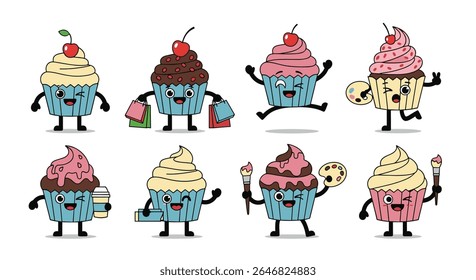 A Delightful Collection of Playful Pixelated Cupcake Characters Engaging in Various Fun Activities Demonstrating Joyful Expressions and Whimsical Poses