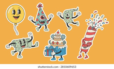 A delightful collection of retro cartoon characters celebrating a festive occasion with joy and whimsy