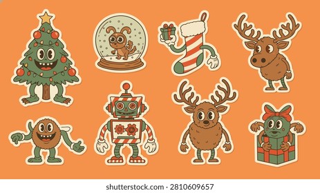 A delightful collection of retro holiday characters and festive elements