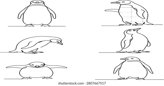 A delightful collection of simple line art illustrations showcasing various charming penguin poses