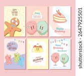 A delightful collection of six cartoon-style birthday cards featuring adorable dessert characters such as gingerbread, cotton candy, pudding, cake, and candy bears. Each design uses soft pastel tones.