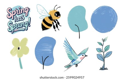 A delightful collection of spring-themed illustrations, including a cheerful bee, a blossoming flower, a soaring bird, and budding plants, all conveying the freshness and vibrancy of the season.